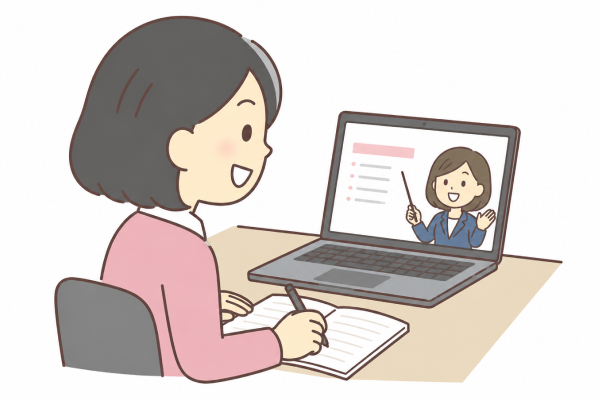 オンライン研修を受講する介護スタッフのイラスト